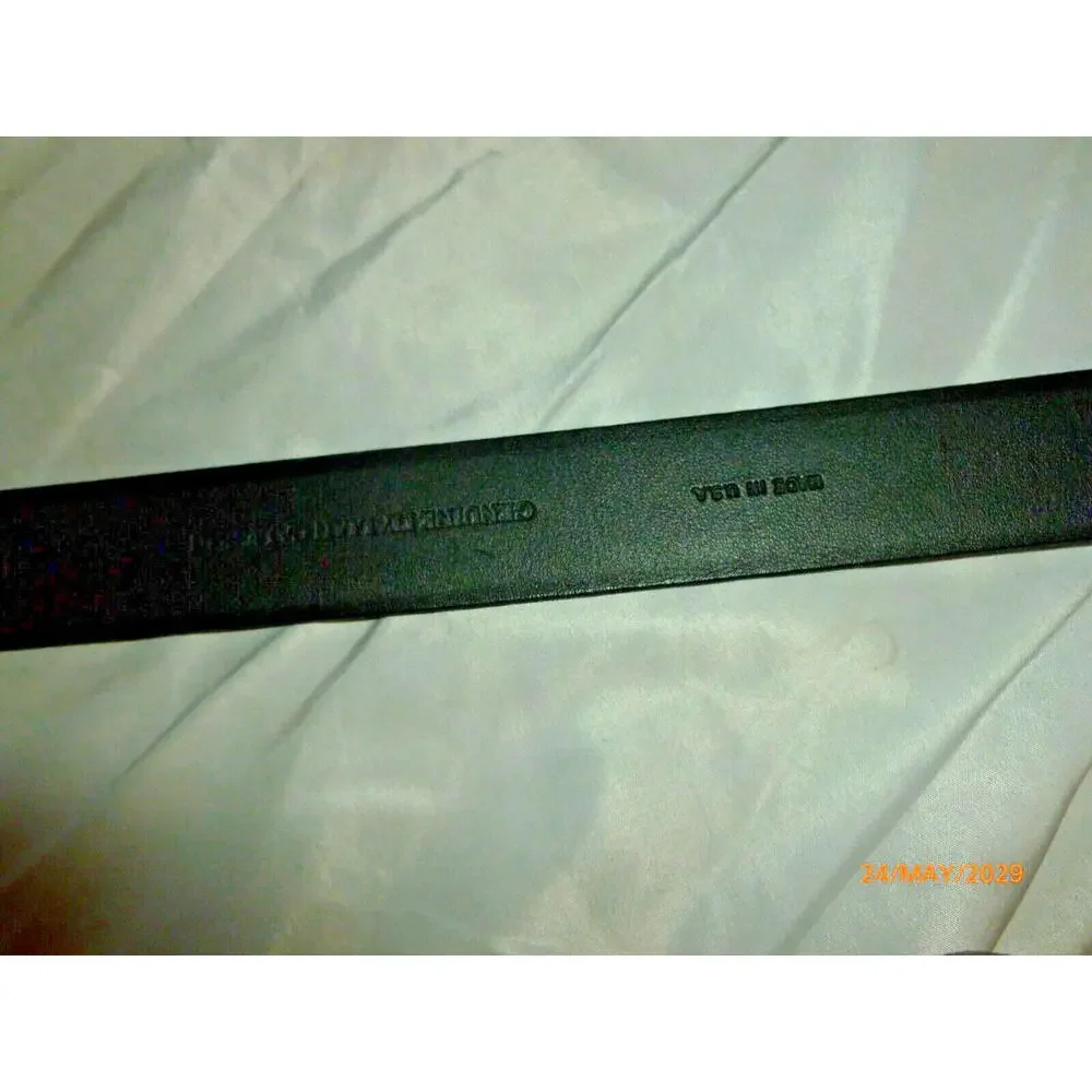 Leather‎ Belt Men Black Embossed Italian Calfskin Brass Buckle Made In USA sz 48